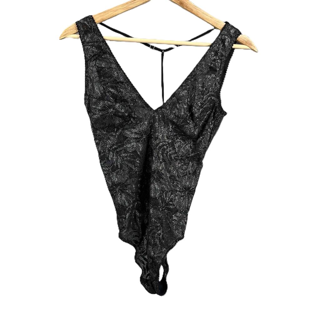 Victorias Secret Black Lace Metallic Bodysuit‎ Glamourous Seductive Sheer Small